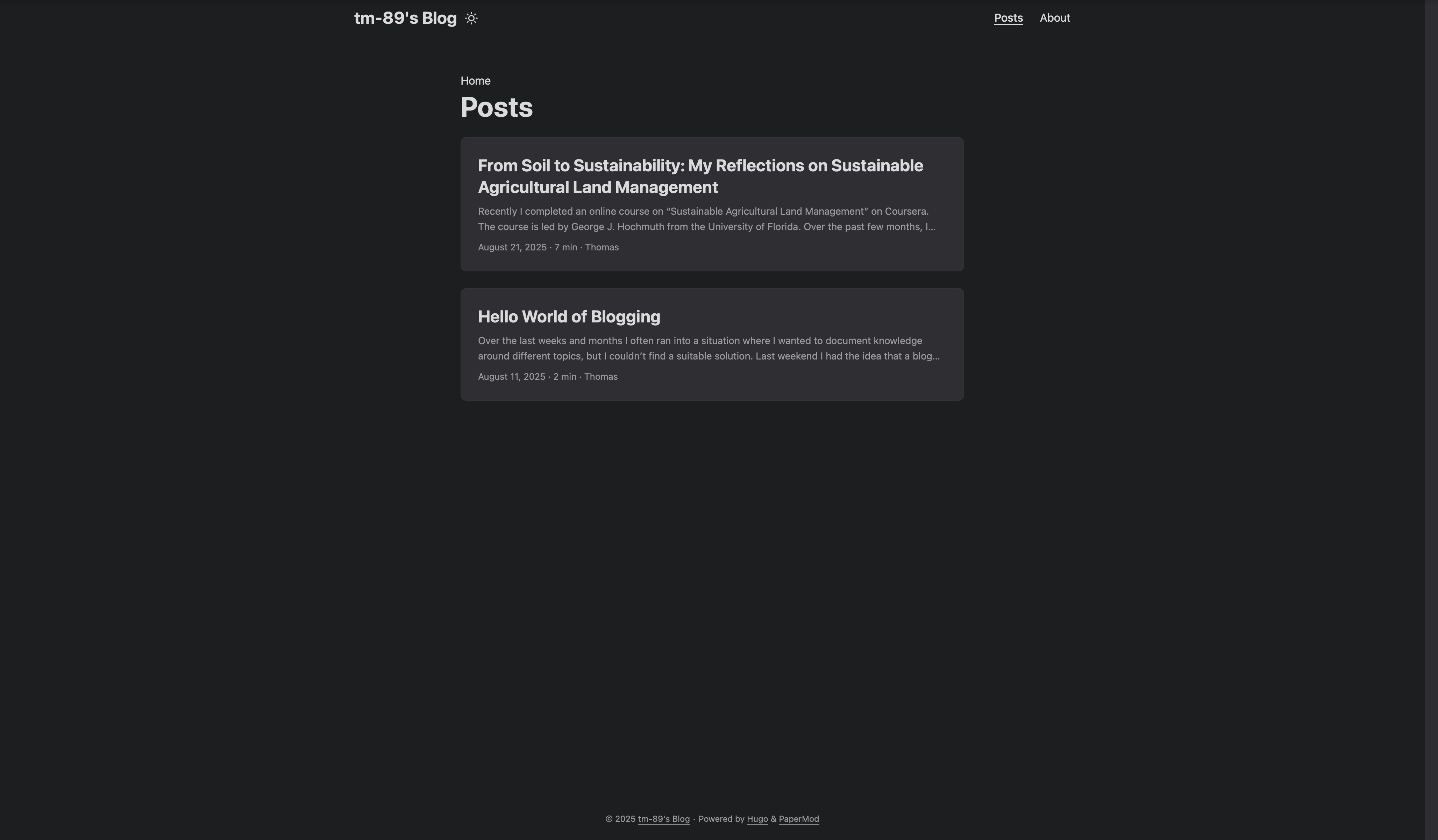 Blog homepage in dark mode